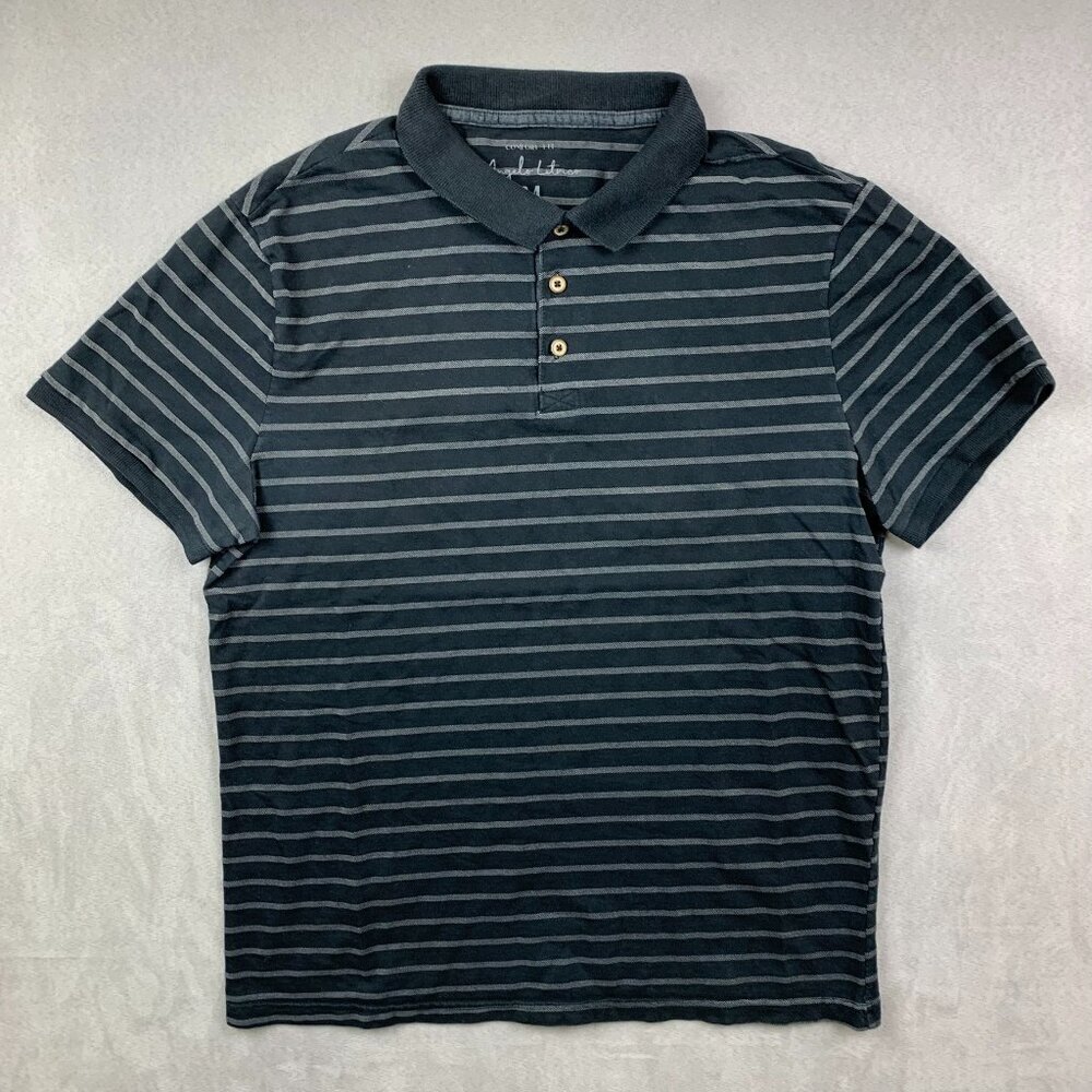 Angelo Litrico Mens Shirt Medium Black Gray Striped Polo Comfort Fit Collared